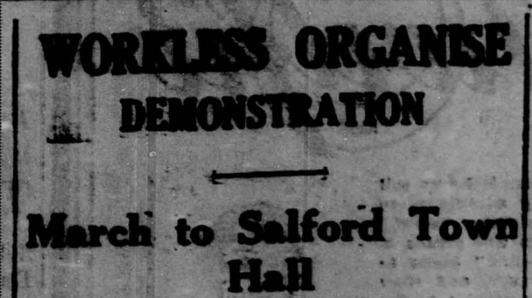 Image of news headline reading "Workless organise demonstration"